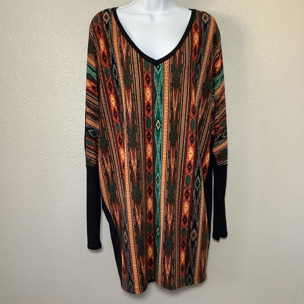 Tea n Rose Multicolor Artsy Aztec Southwestern Western Boho Oversized Top L